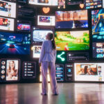 Eine Frau steht vor einer riesigen digitalen Wand, die mit verschiedenen Social-Media-Inhalten gefüllt ist, darunter Videos, Fotos und Icons wie Herzen und Emojis. Dieses Bild symbolisiert die Vielseitigkeit von Social Media und die Arbeit einer Social Media Agentur, die stets die neuesten Social Media News verfolgt, um Strategien zu entwickeln und digitale Trends zu nutzen.